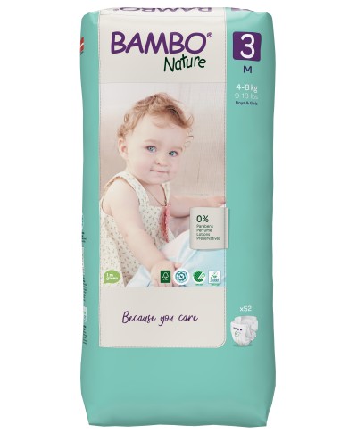 BAMBO Nature 3 (4-8 kg) Alerģiju neizraisošās bērnu eko autiņbiksītes, 52 gаb.