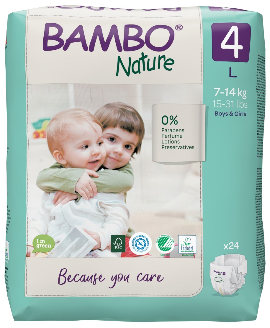 BAMBO Nature 4 (7-14 кг) Детские гипоаллергенные эко-подгузники, 24 шт.