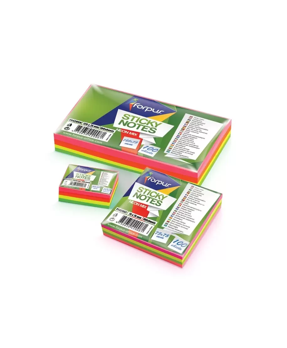Sticky Notes FORPUS, 75x75 mm, 100 sheets, 4 neon colors