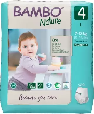 BAMBO Nature 4 (7-12 kg) Alerģiju neizraisošās bērnu eko biksītes, 20 gab.